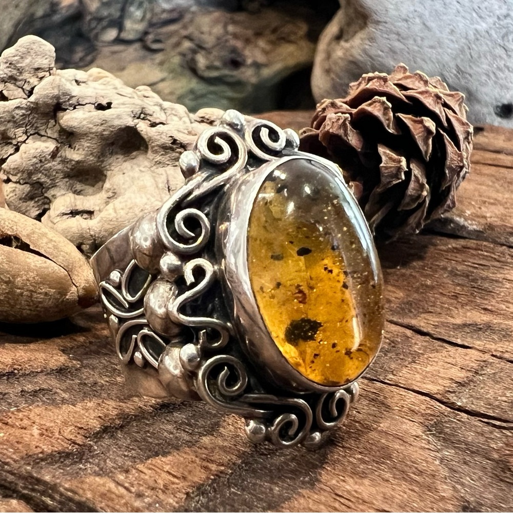 Mexico Sterling Silver Ring Amber Golden Yellow Brown Vintage Butterfly Chiapas
